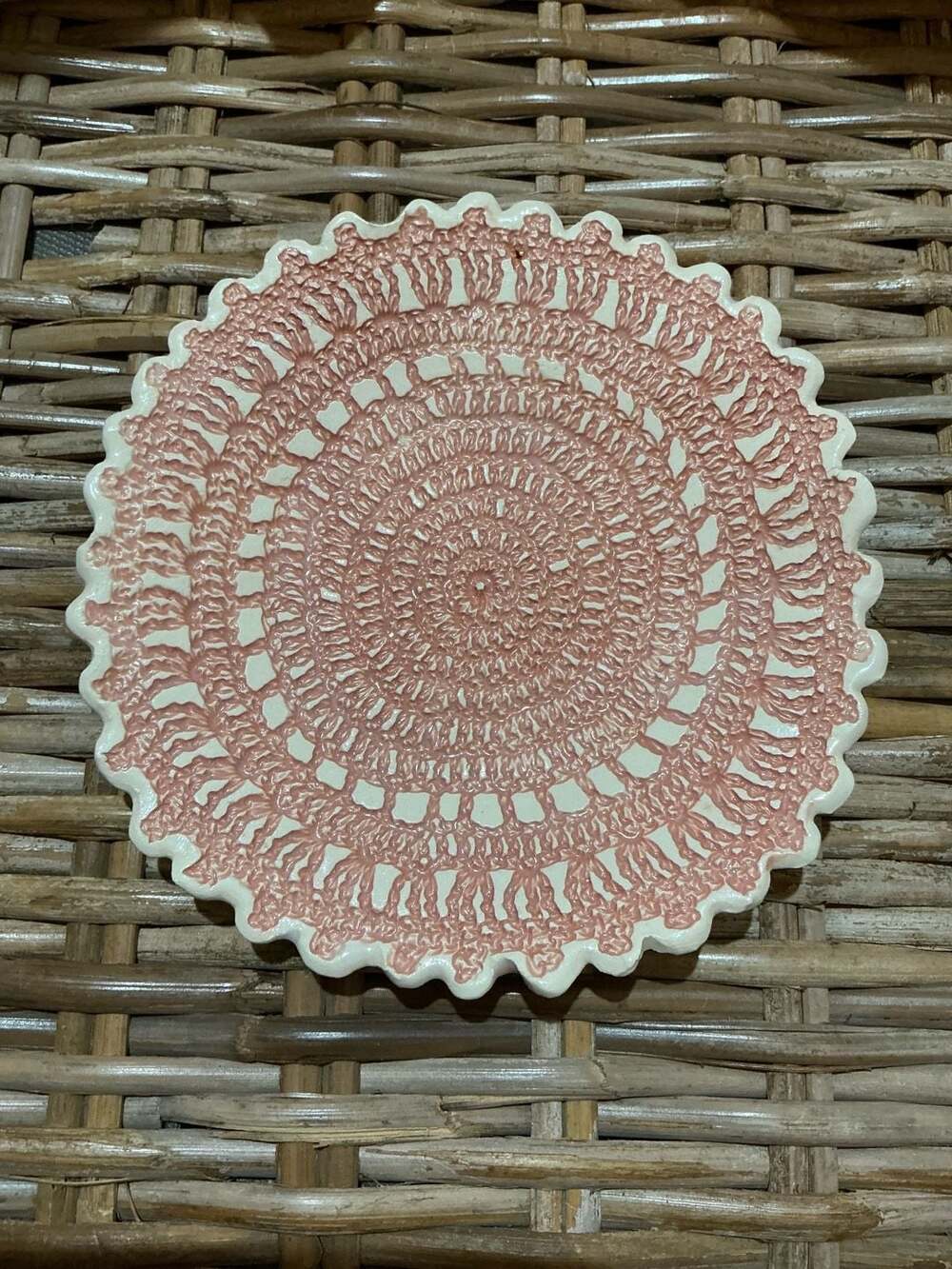 Ceramic Crochet Pattern Lace Plate Scalloped Dish Pink